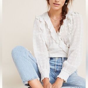 Anthropologie Maeve Laila Ruffled Blouse White Eyelet Romantic Size 2